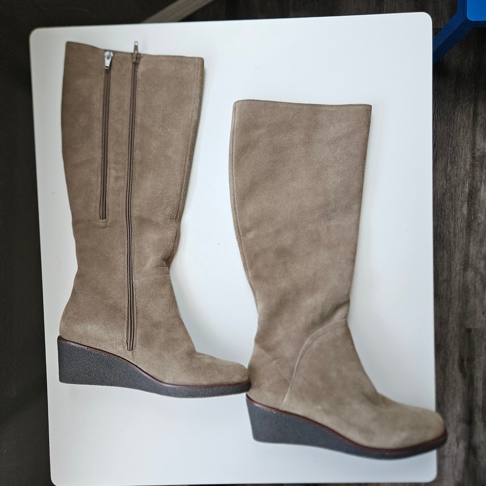 Aerosoles Binocular Tall Boots Womens 8.5 Taupe Suede Wedge Heel Zipper Fall